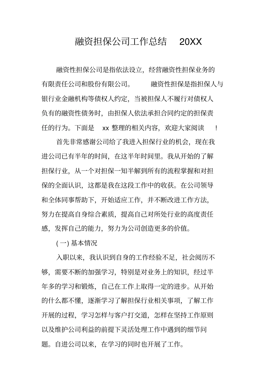 融资担保公司工作总结20XX_第1页