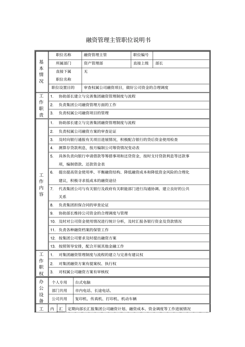 融资管理主管职位说明书_第1页