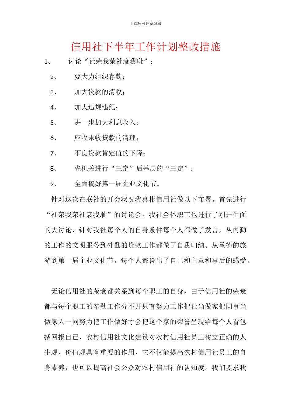 信用社下半年工作计划整改措施_第1页