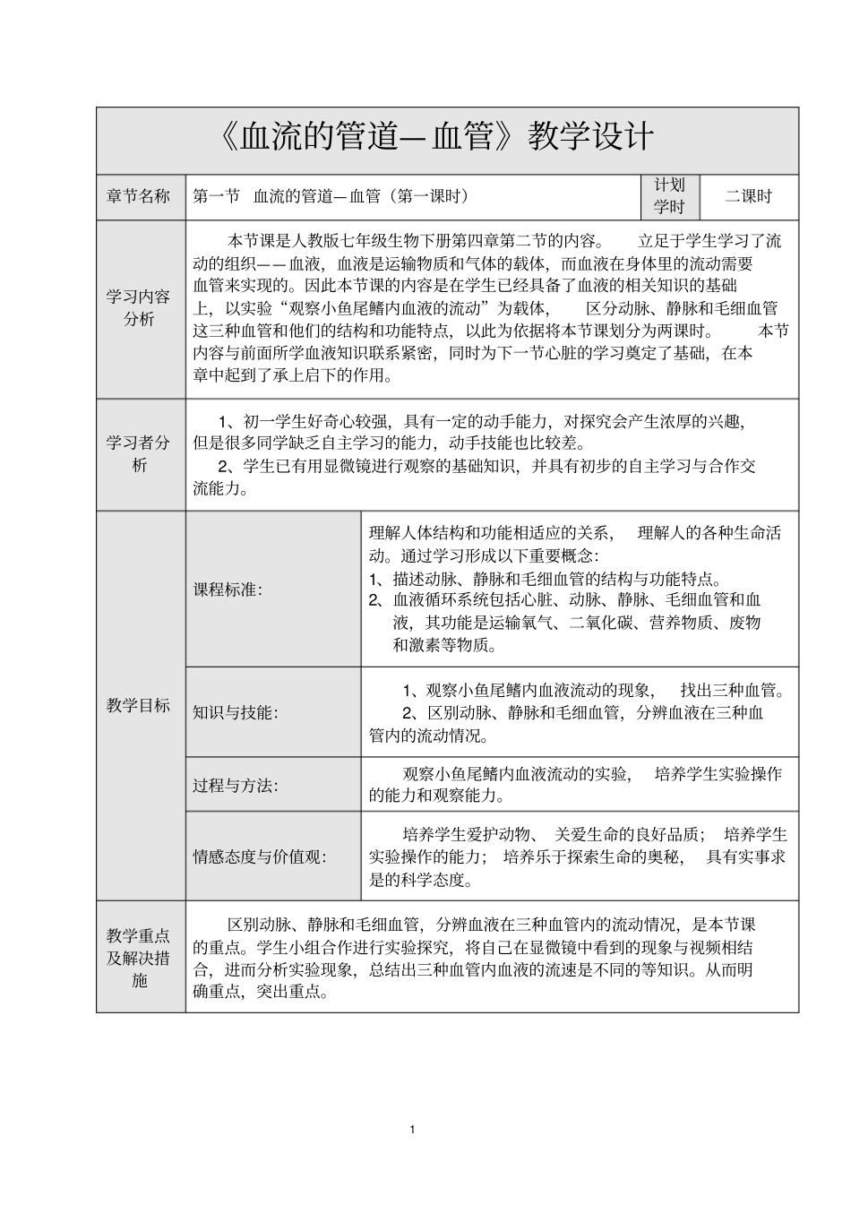 血流的管道—血管教学设计分析_第1页