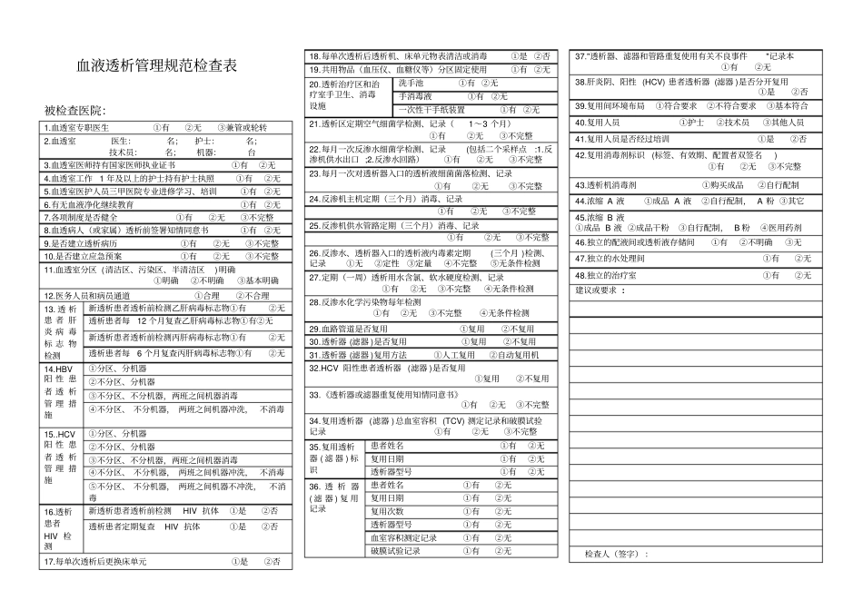 血液透析管理规范检查表_第1页