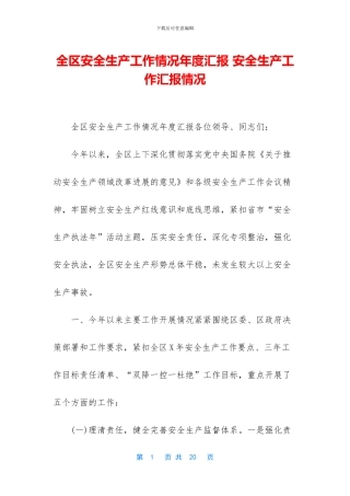 全区安全生产工作情况年度汇报