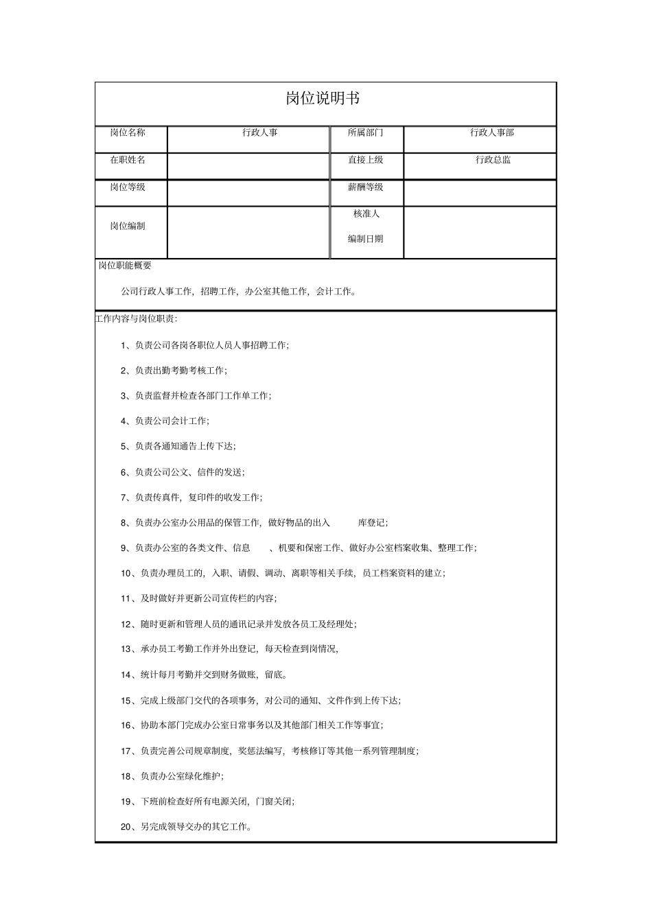 行政人事岗位说明书_第1页
