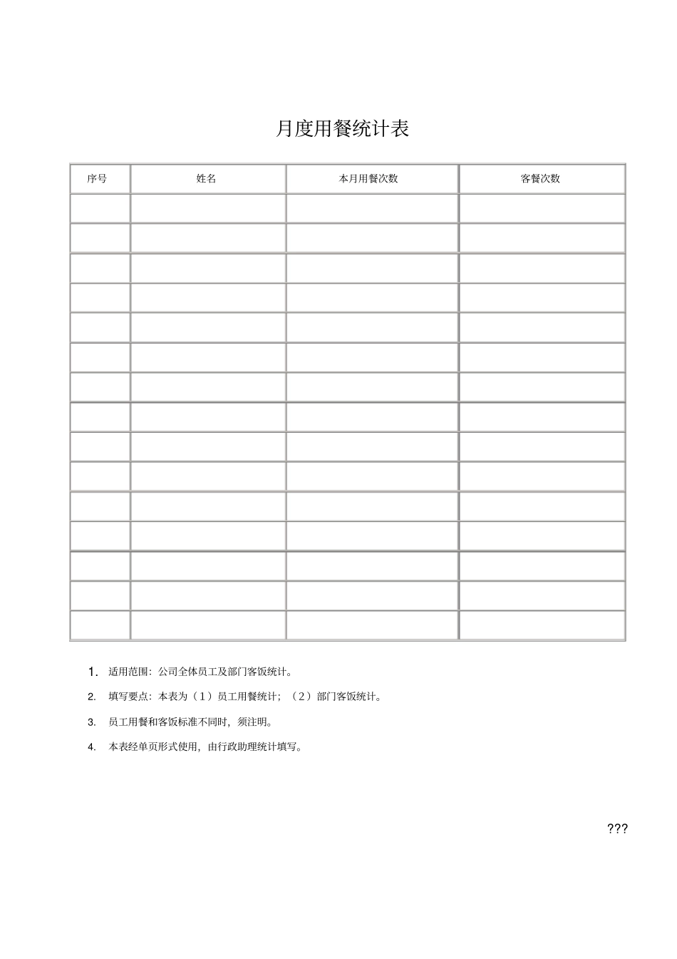 行政人事类管理表格—月度用餐统计表_第1页