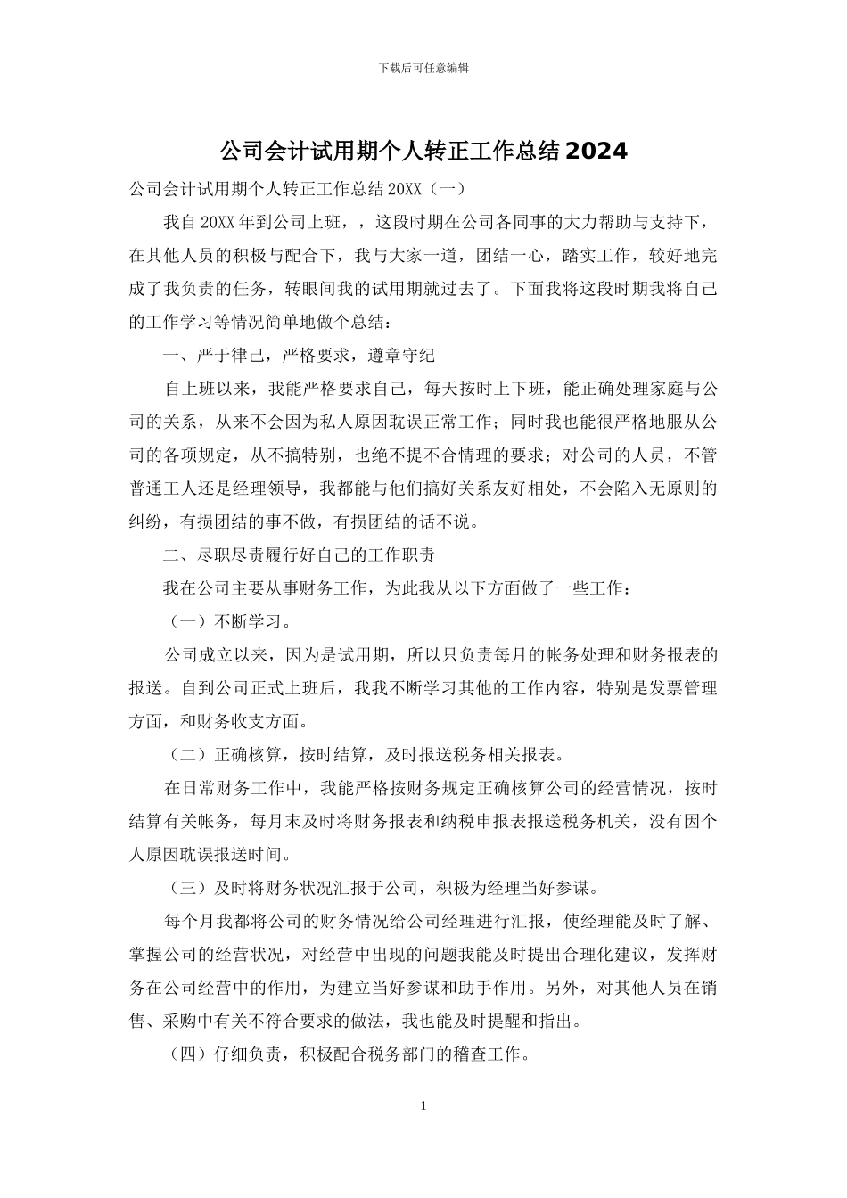 公司会计试用期个人转正工作总结2024_第1页