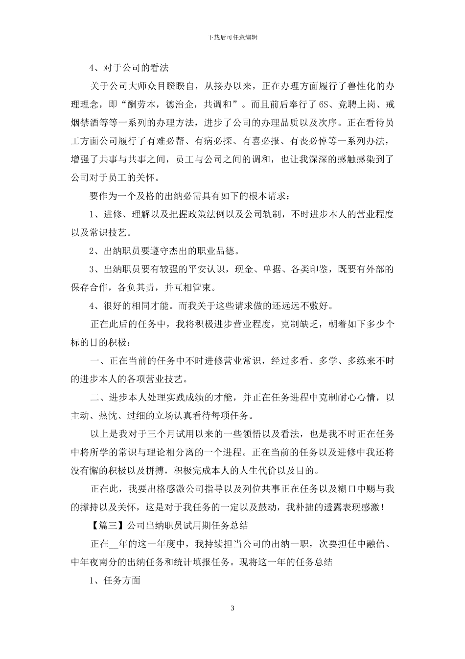 公司出纳人员试用期工作总结_第3页