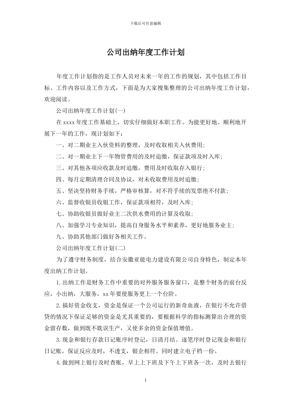 公司出纳年度工作计划_第1页