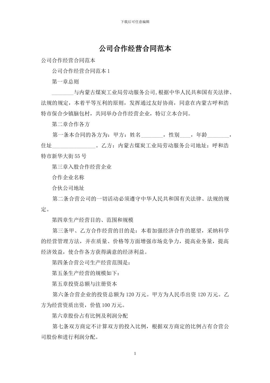 公司合作经营合同范本_第1页