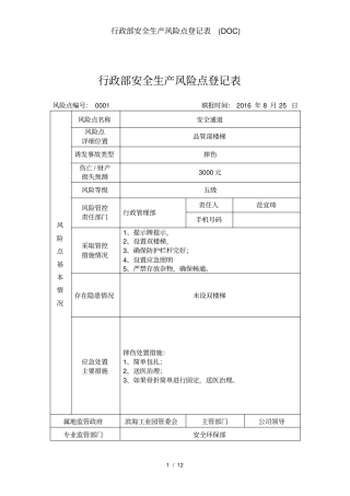 行政部安全生产风险点登记表