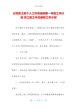 公司员工的个人工作总结和新一年的工作计划