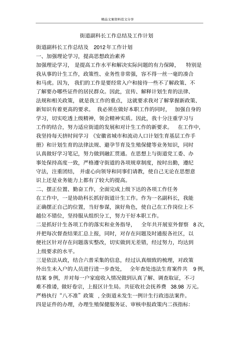 街道副科长工作总结及工作计划-精品文案范文_第1页