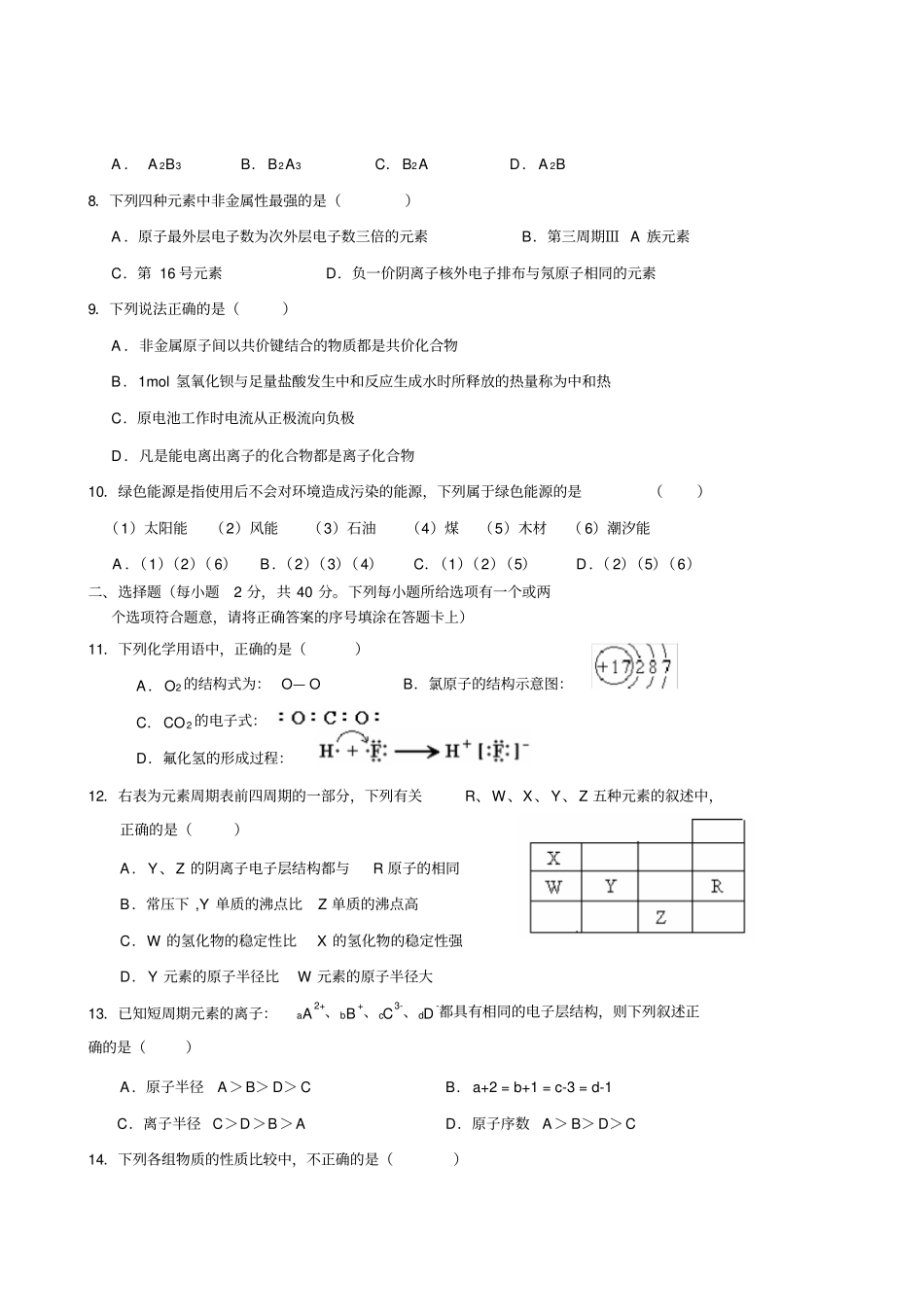 衡水中学—下学期期中考试高一化学试卷_第2页