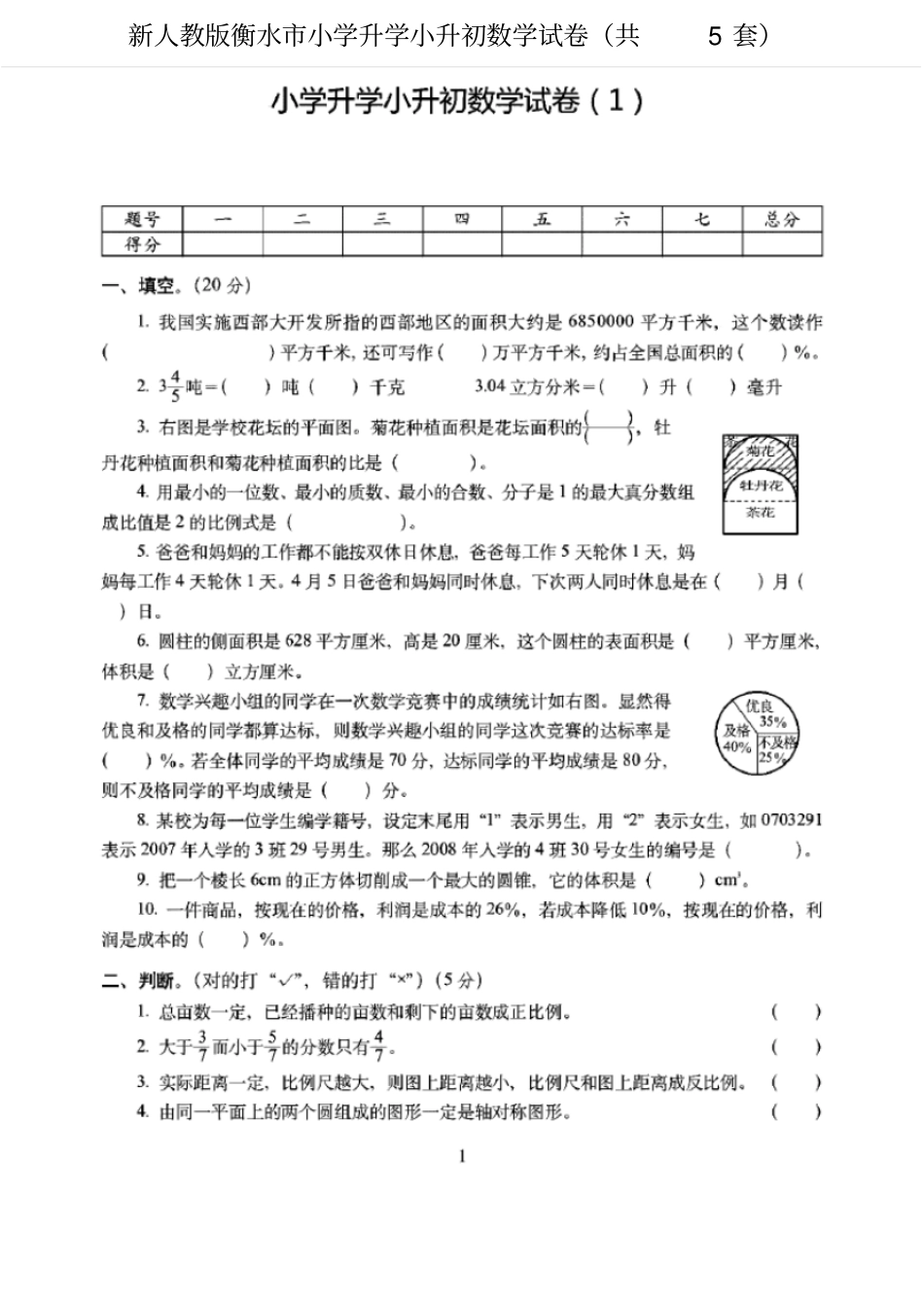 衡水新人教版2019-2020小学升学小升初数学试卷共5套附详细答案_第1页