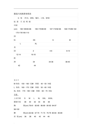 衣服尺码对照