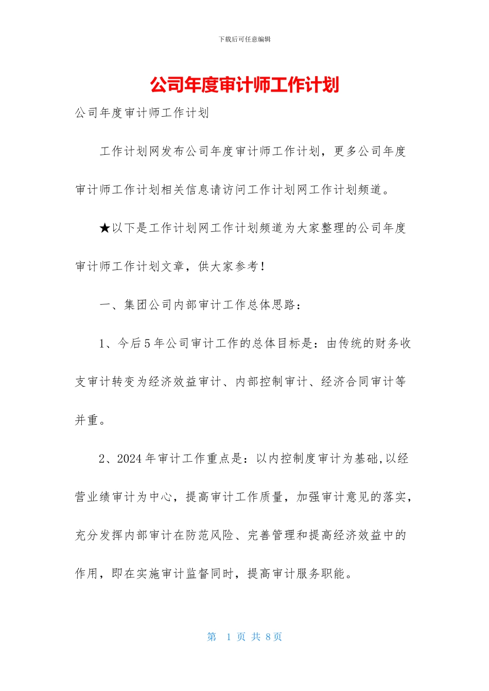 公司年度审计师工作计划_第1页