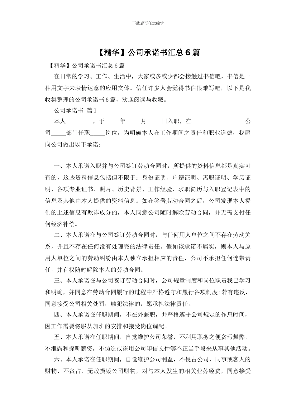 公司承诺书汇总6篇_第1页