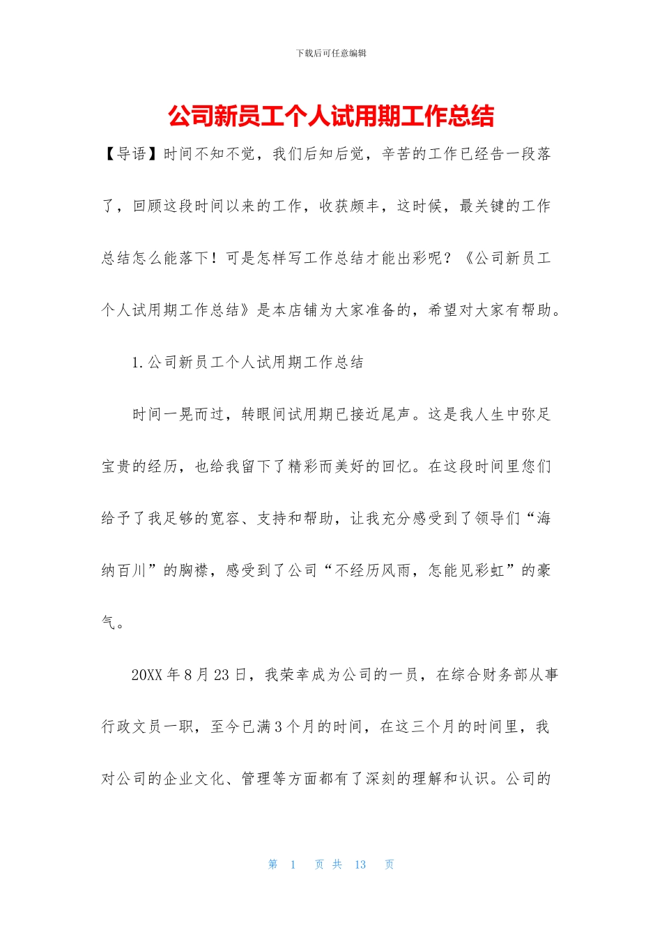 公司新员工个人试用期工作总结_第1页