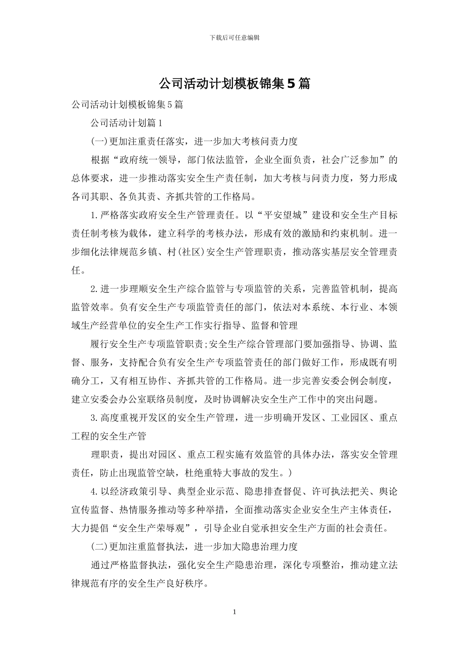 公司活动计划模板锦集5篇_第1页