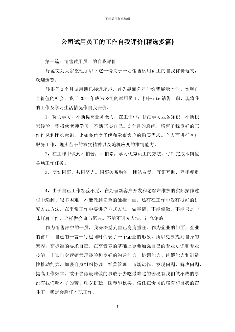 公司试用员工的工作自我评价_第1页