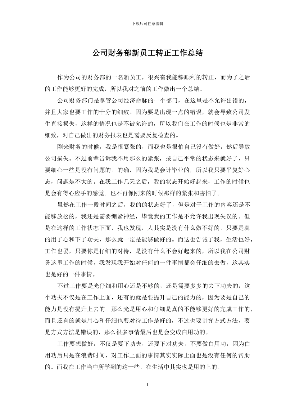 公司财务部新员工转正工作总结_第1页