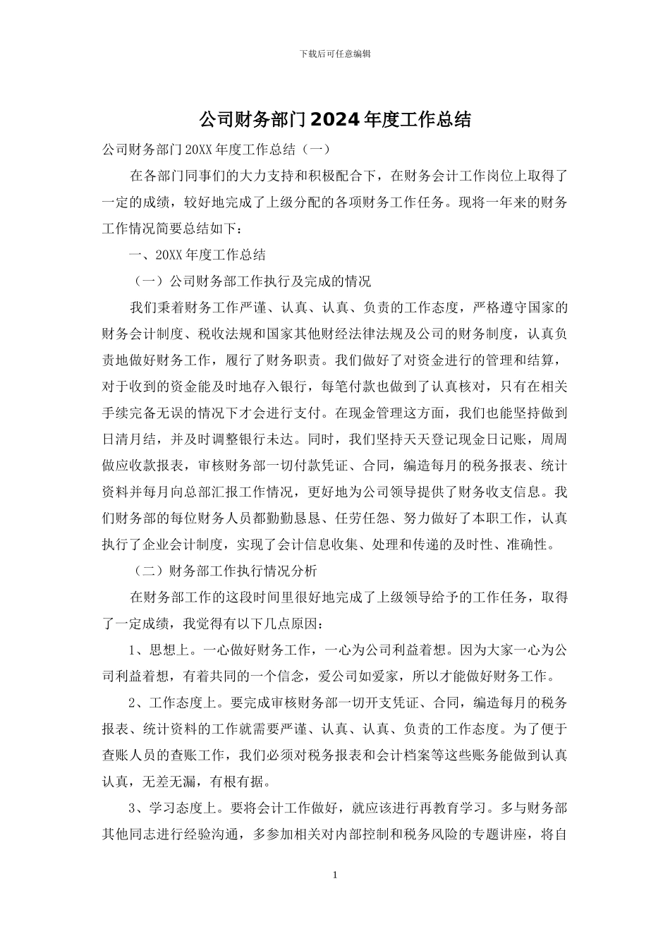 公司财务部门2024年度工作总结_第1页