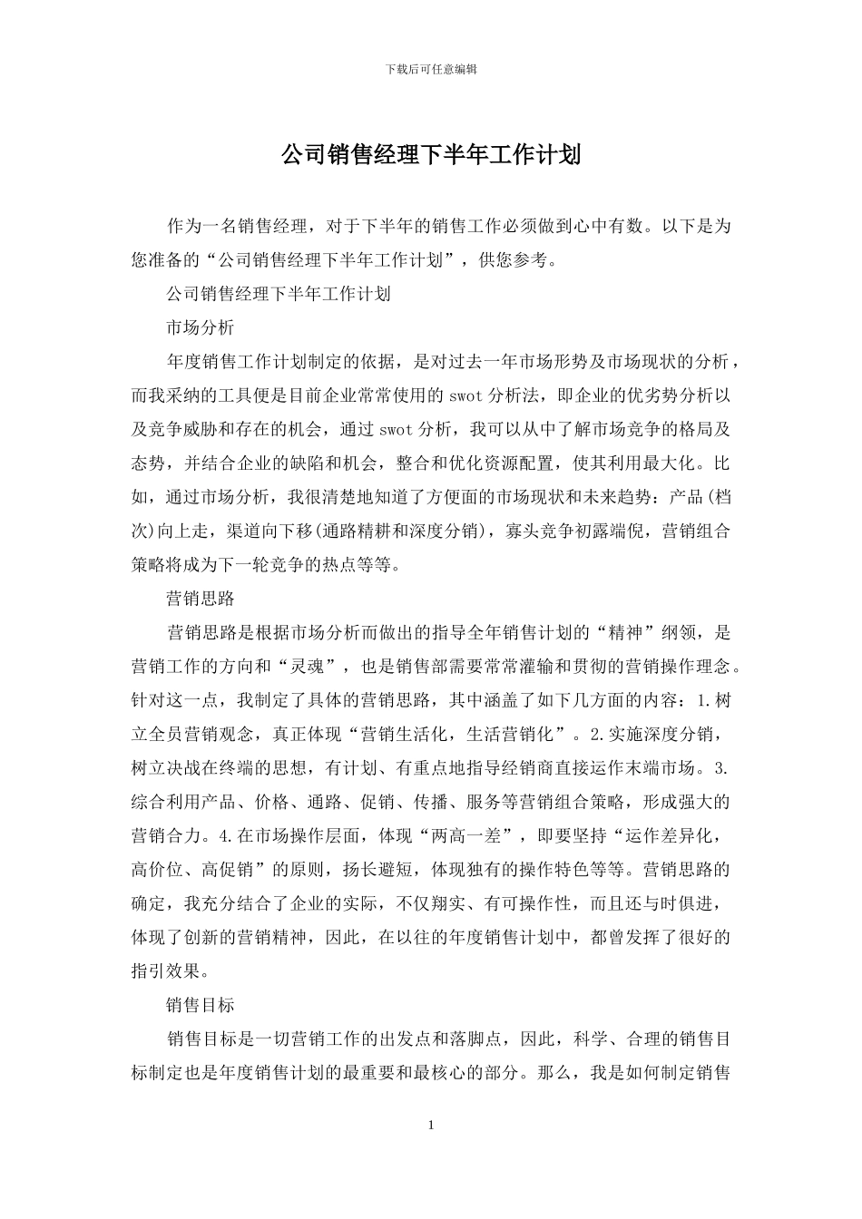 公司销售经理下半年工作计划_第1页