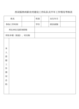 西双版纳州新农村建设工作队队员半年工作情况考核表