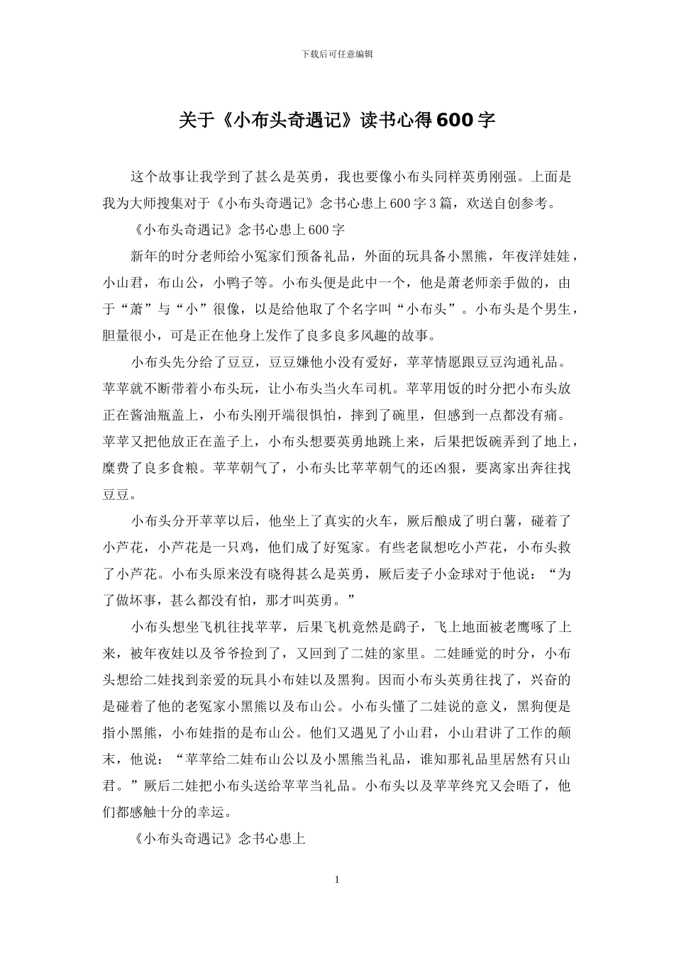 关于《小布头奇遇记》读书心得600字_第1页