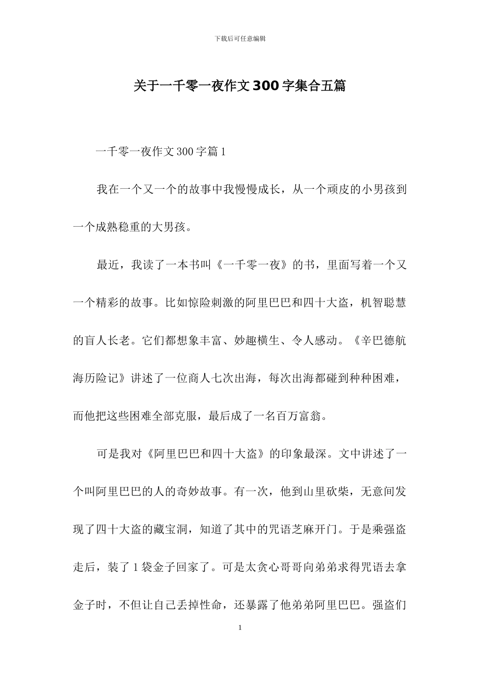 关于一千零一夜作文300字集合五篇_第1页