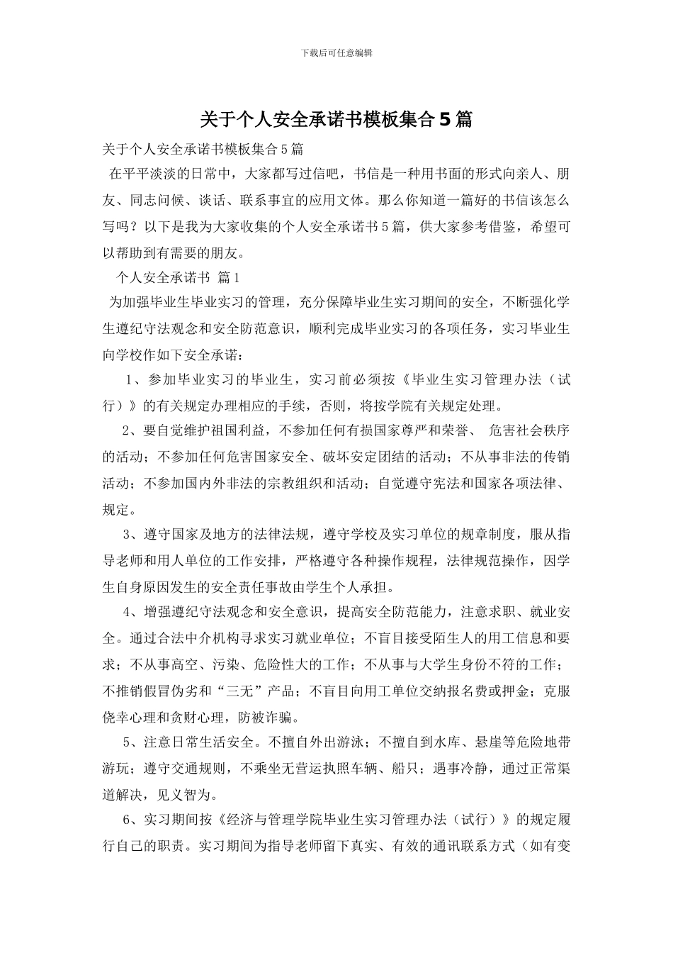 关于个人安全承诺书模板集合5篇_第1页