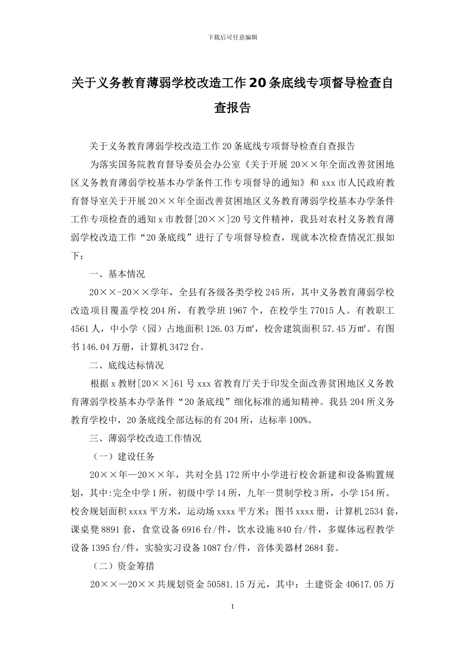 关于义务教育薄弱学校改造工作20条底线专项督导检查自查报告_第1页