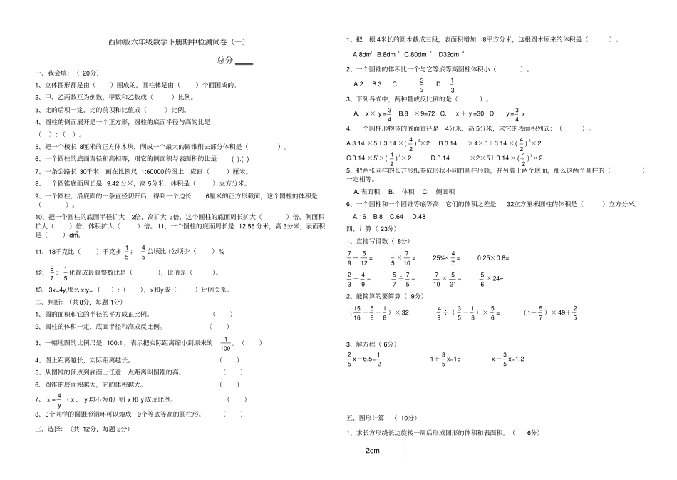 西师版六年级数学下册期中检测试卷十一套_第1页