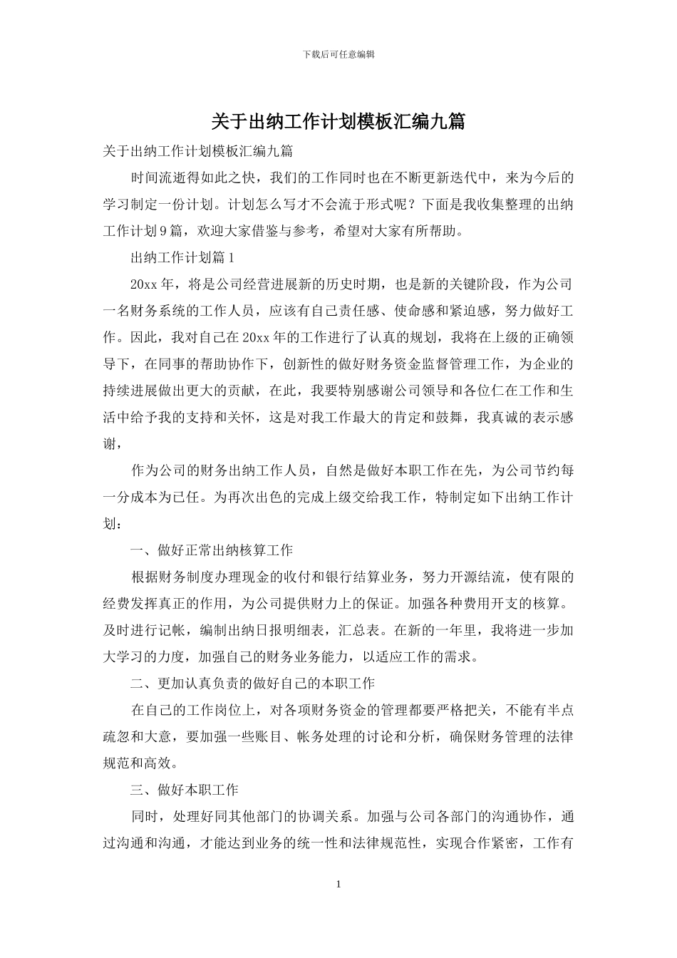 关于出纳工作计划模板汇编九篇_第1页