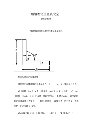 角钢理论重量表大全