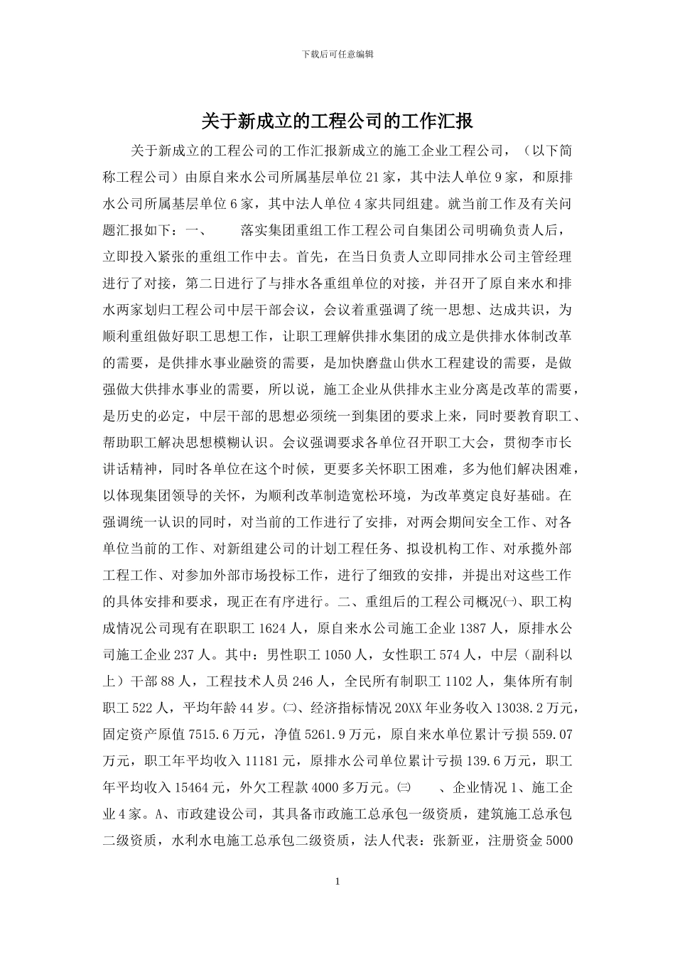 关于新成立的工程公司的工作汇报_第1页
