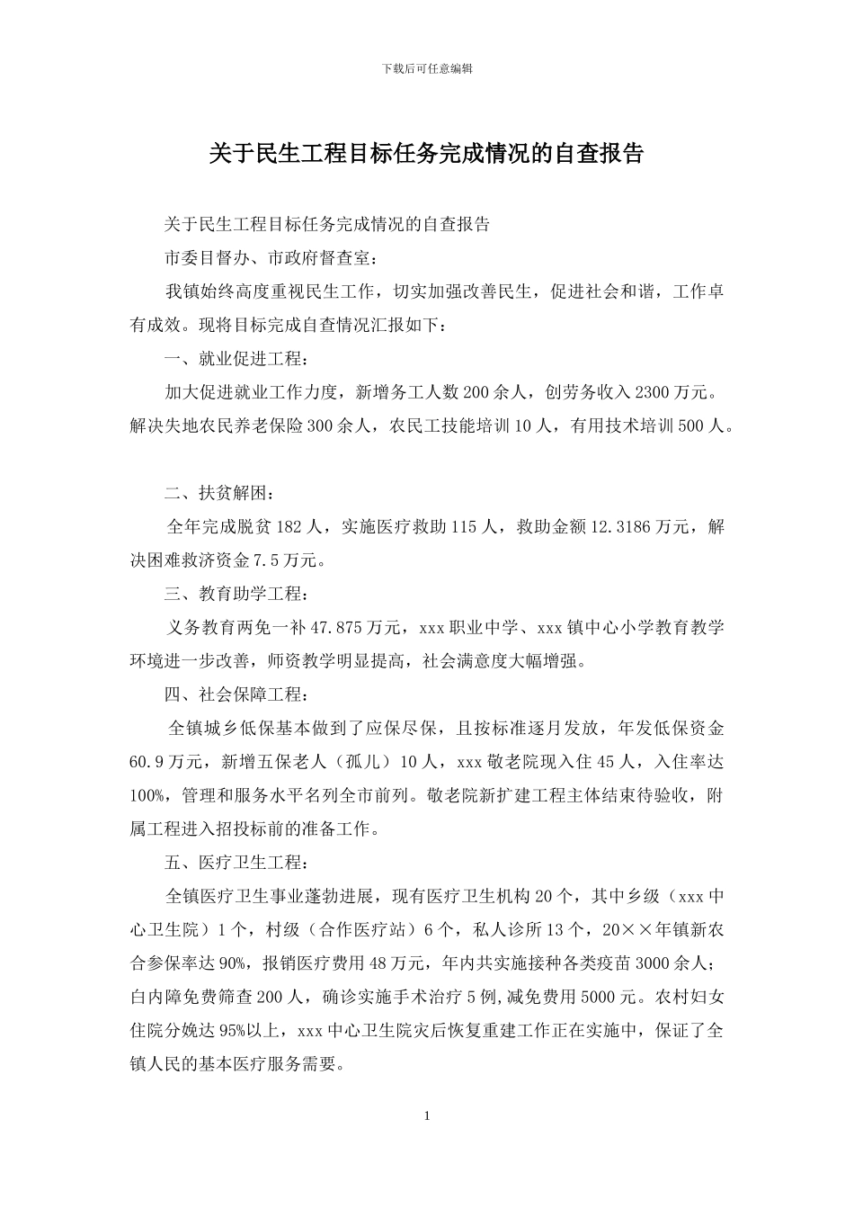 关于民生工程目标任务完成情况的自查报告_第1页