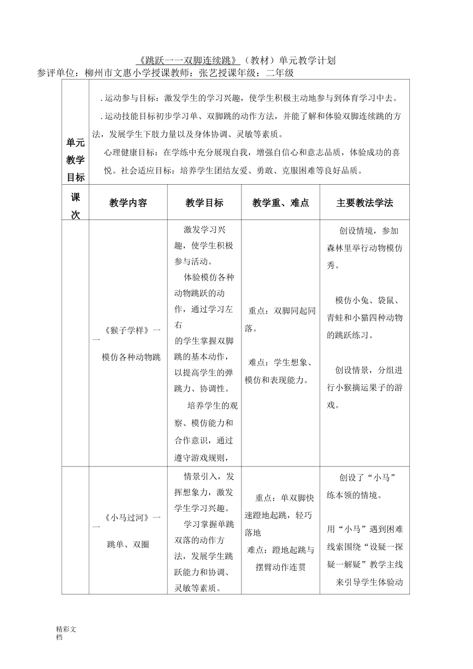 《跳跃--双脚连续跳》单元教学计划设计说明和教案设计_第3页