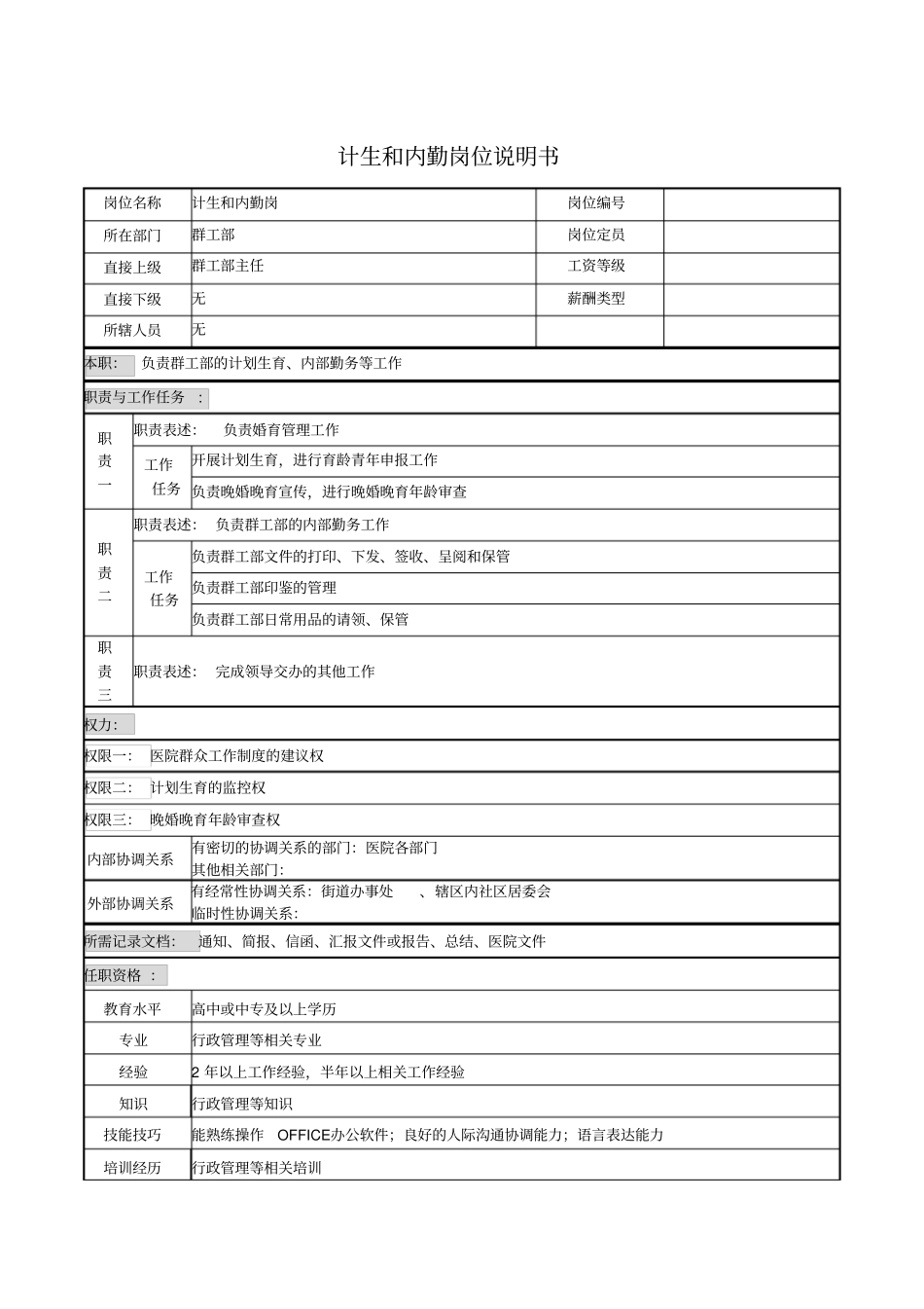 计生和内勤岗位说明书_第1页