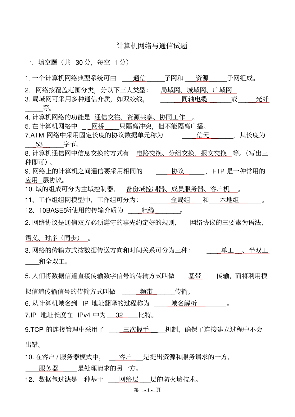 计算机网络与通信试题资料_第1页