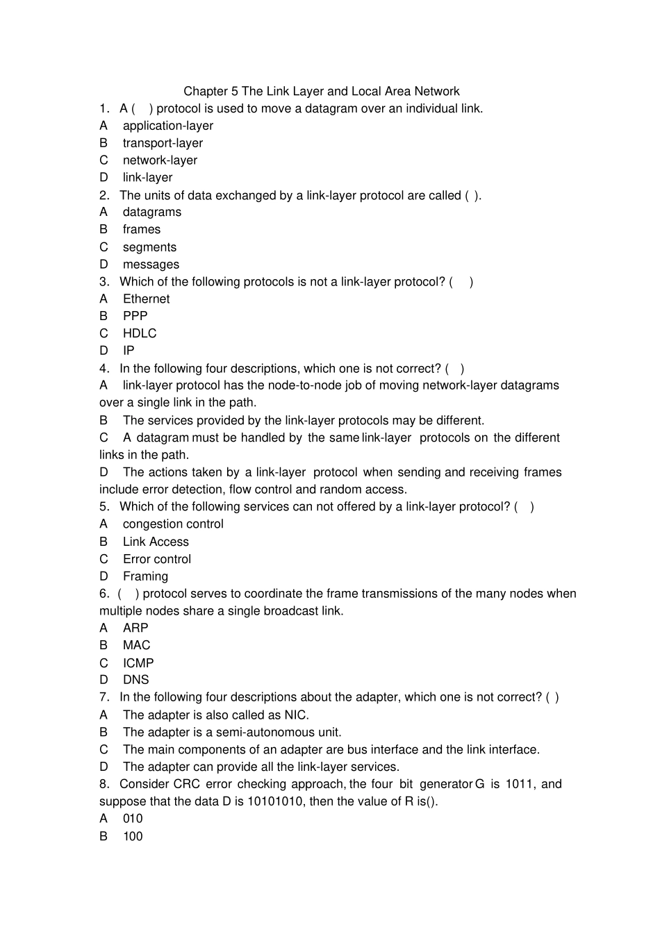 计算机网络英文题库附答案chapter5_第1页