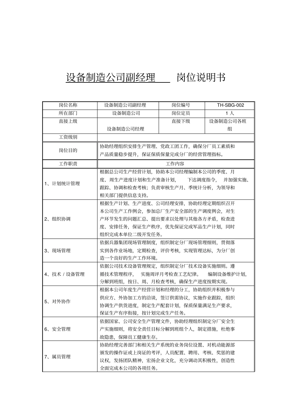 设备制造公司副经理岗位说明书_第1页