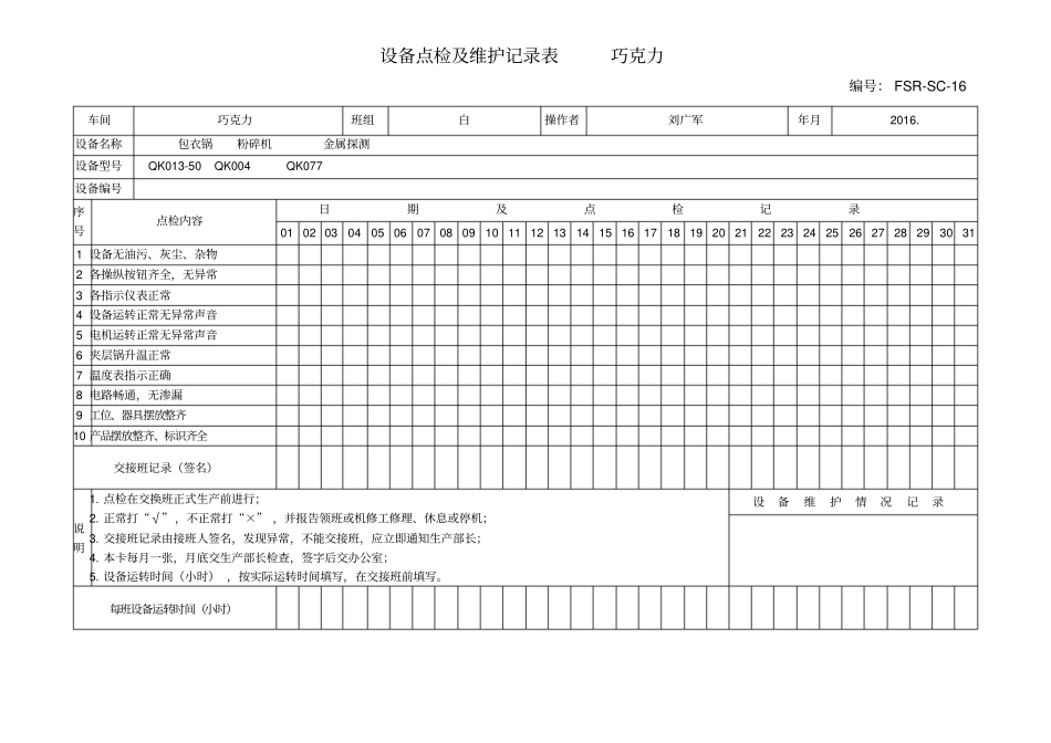 设备点检及维护记录表_第1页