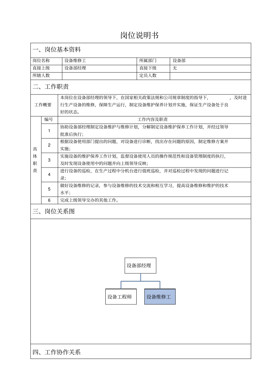 设备维修工岗位说明书_第1页