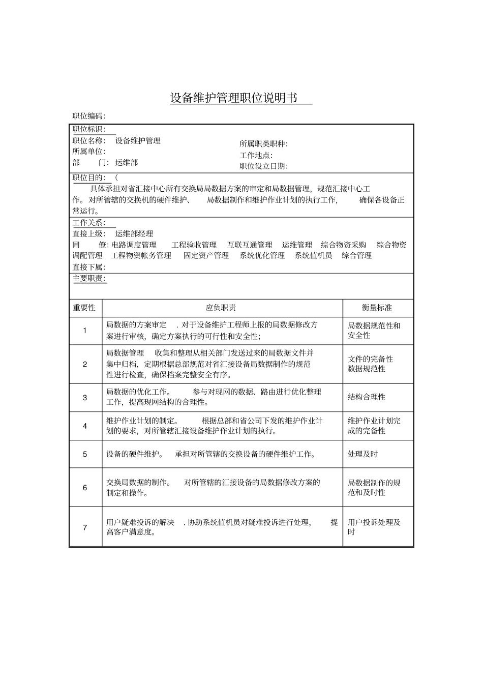 设备维护管理岗位说明书_第1页