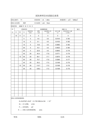 试坑单环注水试验记录表A4