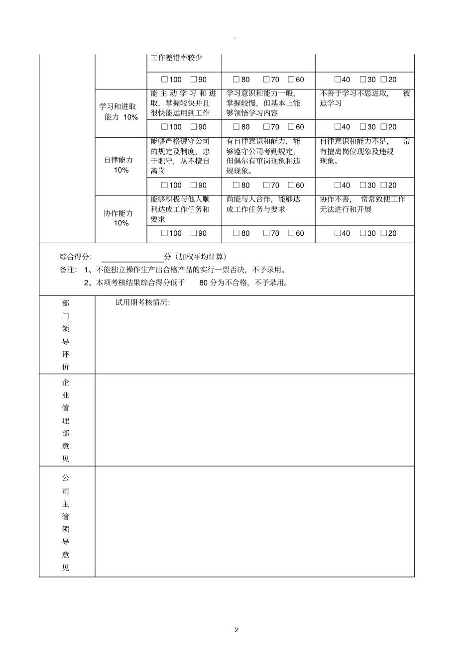 试用期员工评价表_第2页