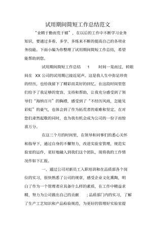 试用期间简短工作总结范文