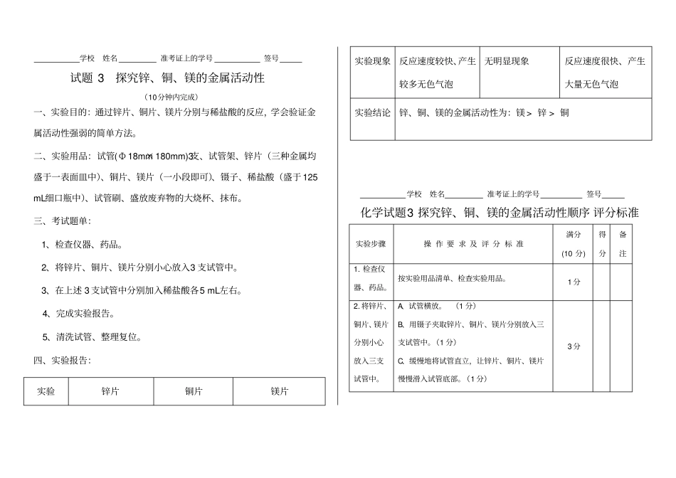 试题3探究锌、铜、镁的金属活动性_第1页