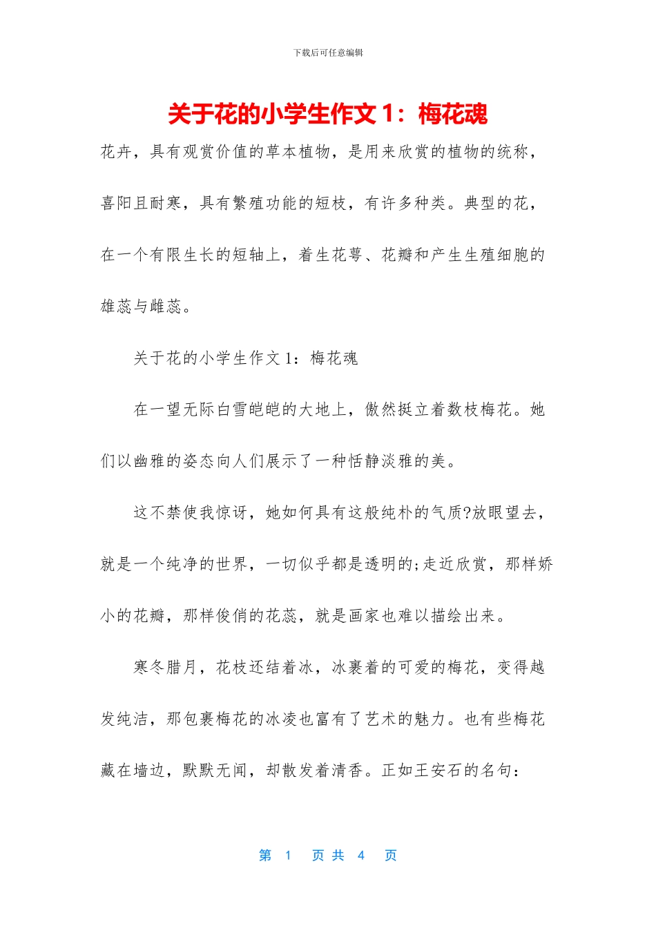 关于花的小学生作文1：梅花魂_第1页
