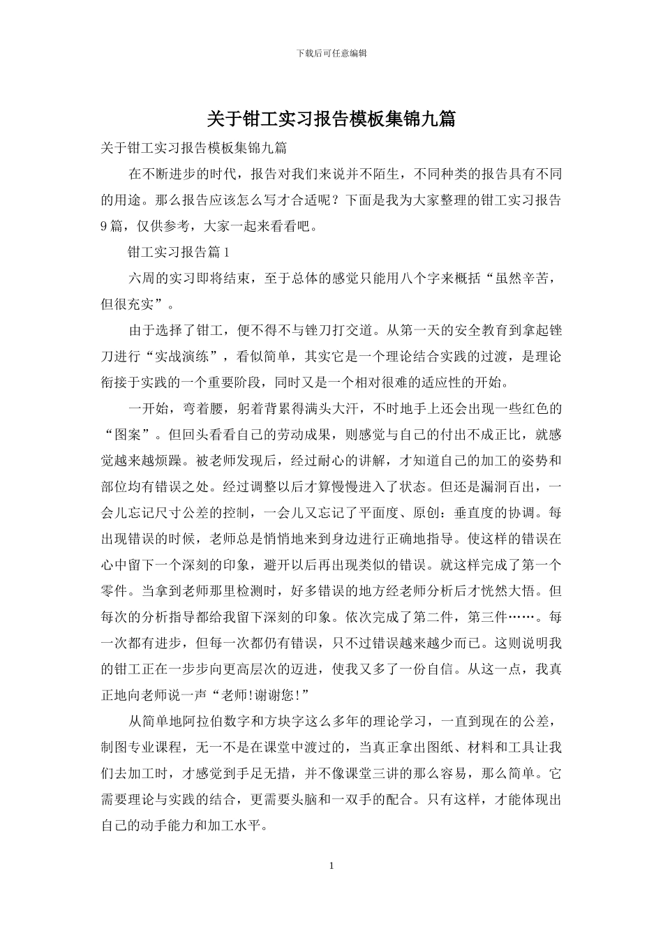 关于钳工实习报告模板集锦九篇_第1页